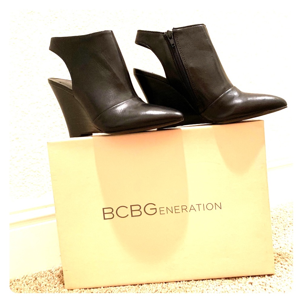 BCBG Leather Ankle Slingback Wedge Booties